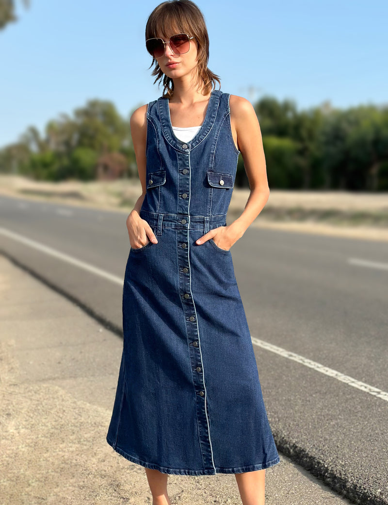 Denim overall midi dress best sale