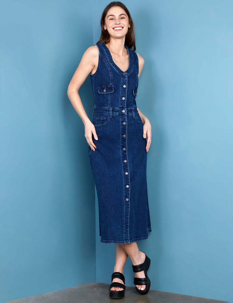 Women's Fashion Brand Dark Wash Denim Sleeveless A-Line Shirtdress