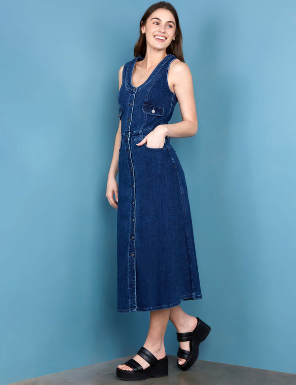 Women's Fashion Brand Dark Wash Denim Sleeveless A-Line Shirtdress