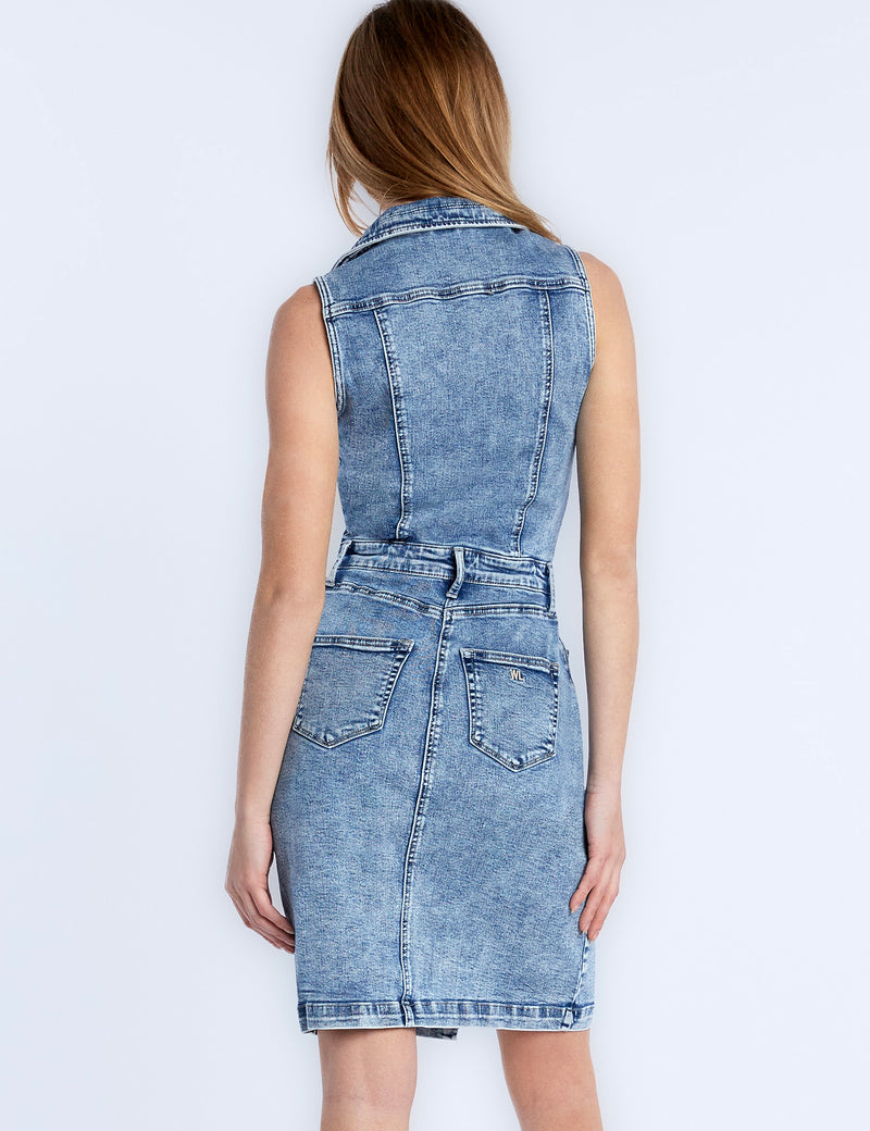 High-End Women's Fashion Brand Sleeveless Denim Zip Up Bodycon Dress