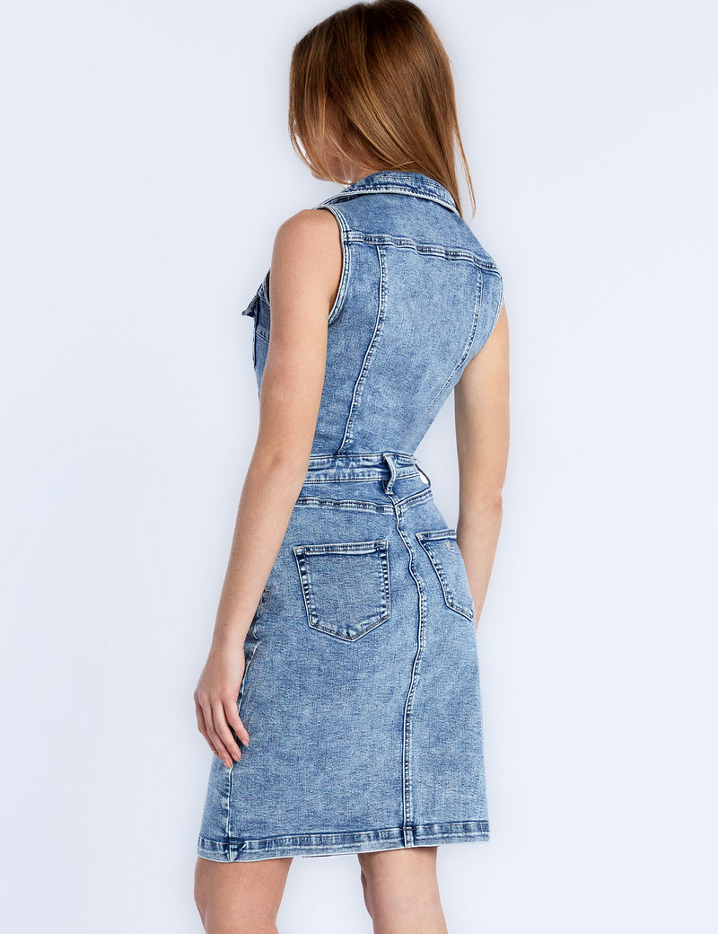 High-End Women's Fashion Brand Sleeveless Denim Zip Up Bodycon Dress