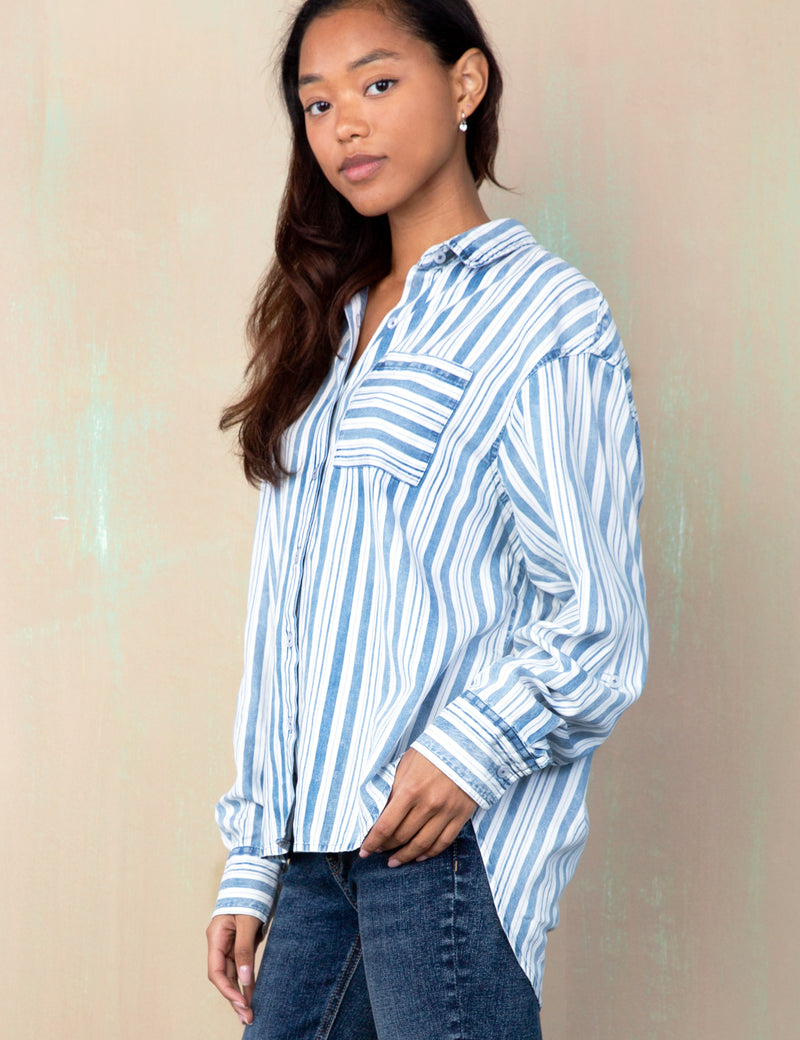 Denim Stripes Printed Button Front Shirt Front View