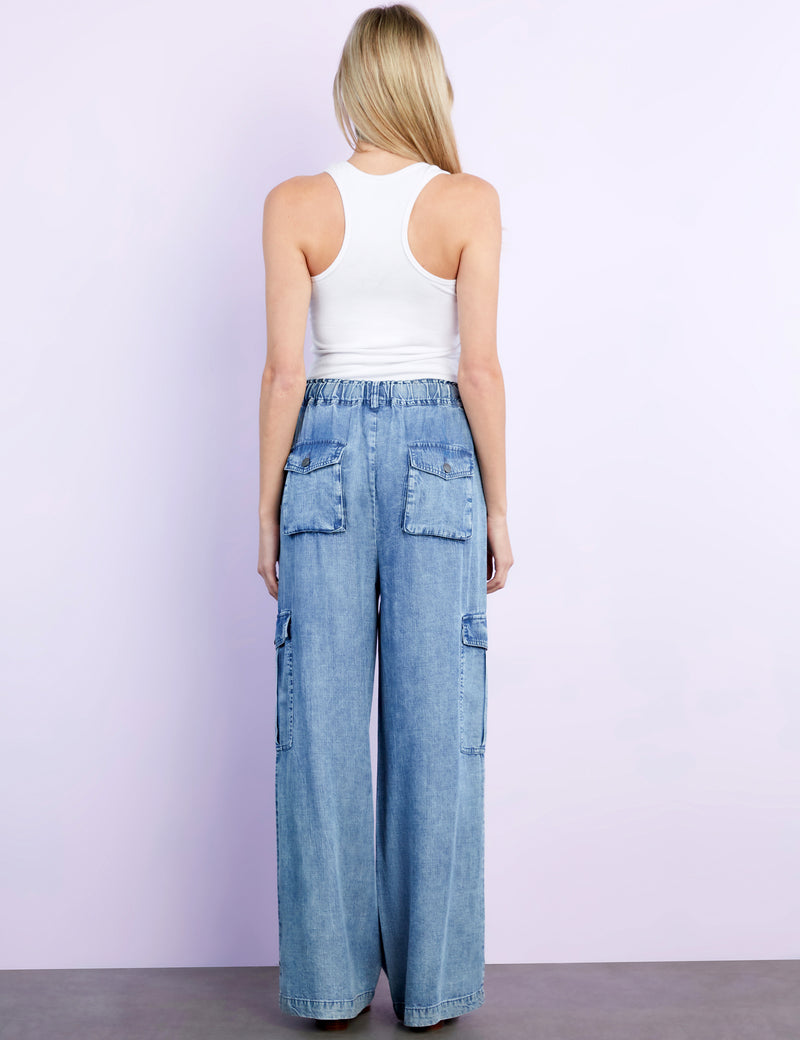 Women's Fashion Brand Cargo Pocket Wide-Leg Pants in Denim Back View