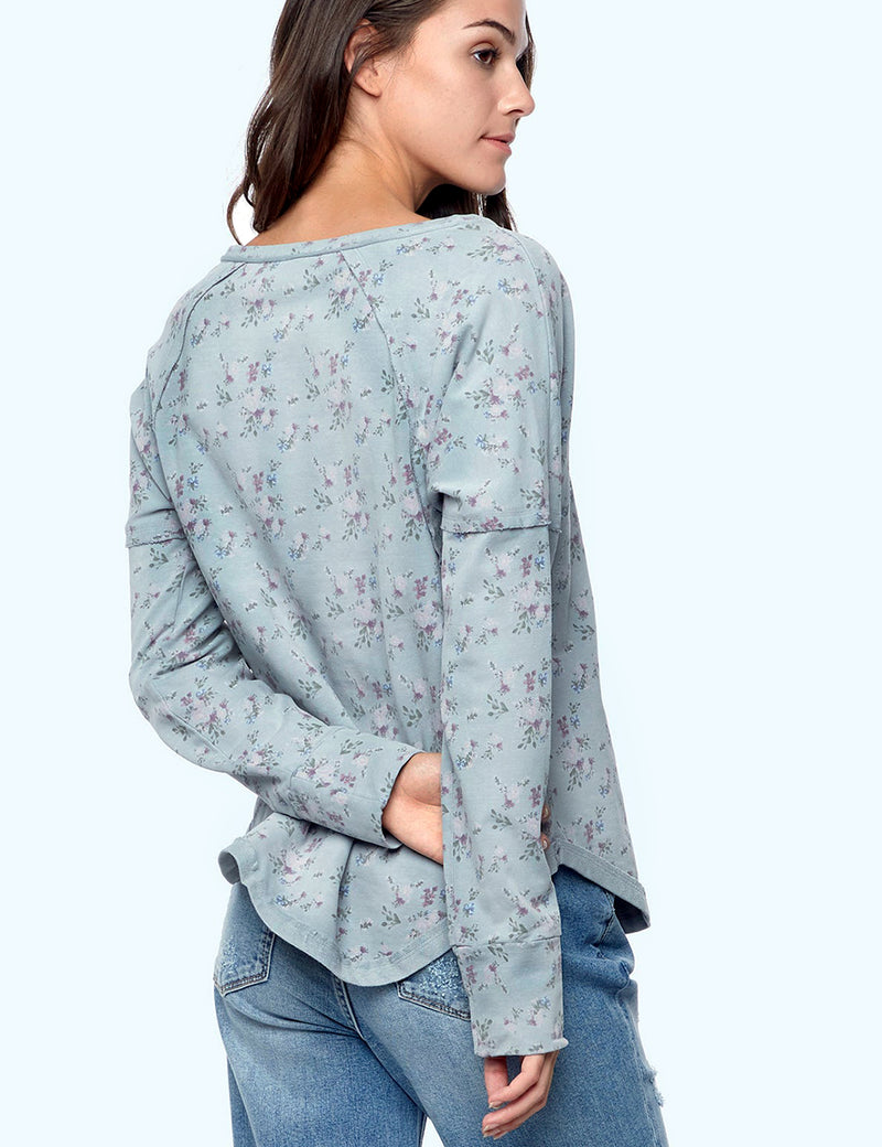 Easy Floral Print Henley Long Sleeve Top Back View