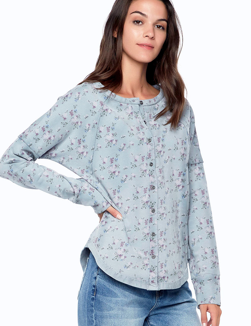 Easy Floral Print Henley Long Sleeve Top Front View