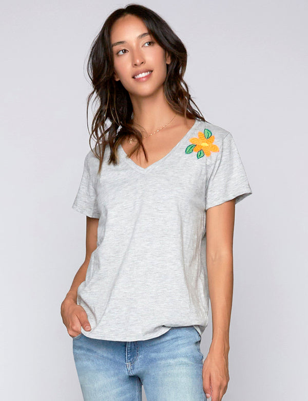 High-End Women's Fashion Brand Heather Grey Floral Embroidered Tee