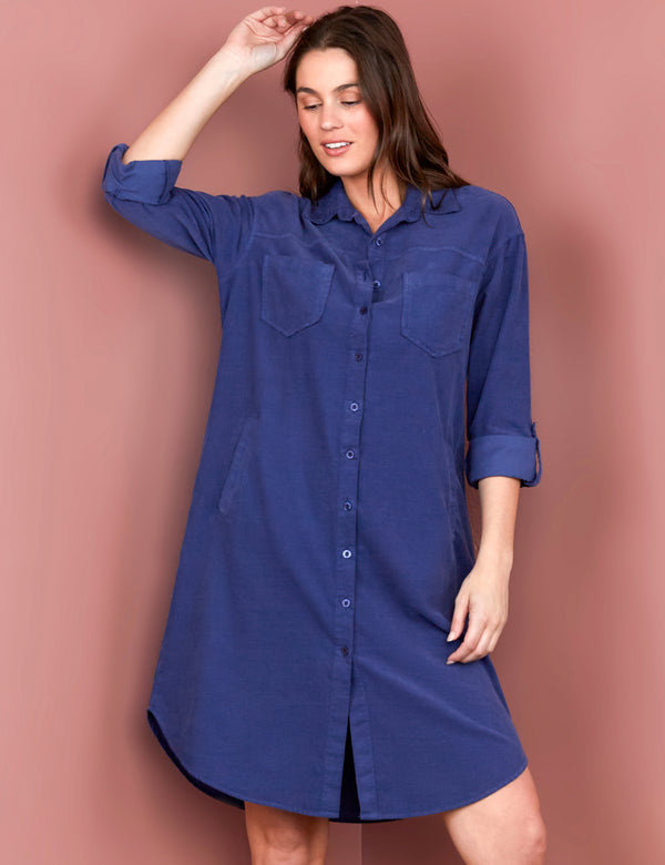 Women's Fashion Brand Blue Corduroy Shirtdress