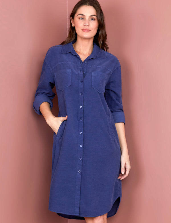 Women's Fashion Brand Blue Corduroy Shirtdress