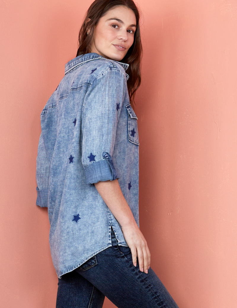 Women's Fashion Brand Denim Shirt with Star Embroidery