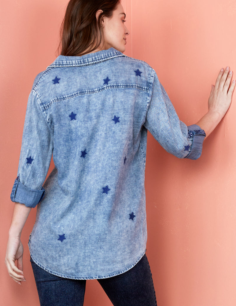 Denim Button Up Shirt with Star Embroidery Back View