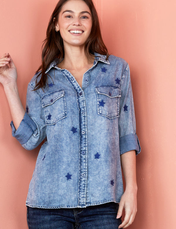 Denim Button Up Shirt with Star Embroidery Front View