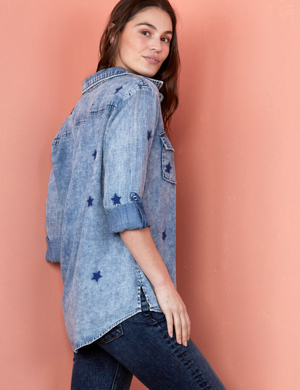 Denim Button Up Shirt with Star Embroidery Side View