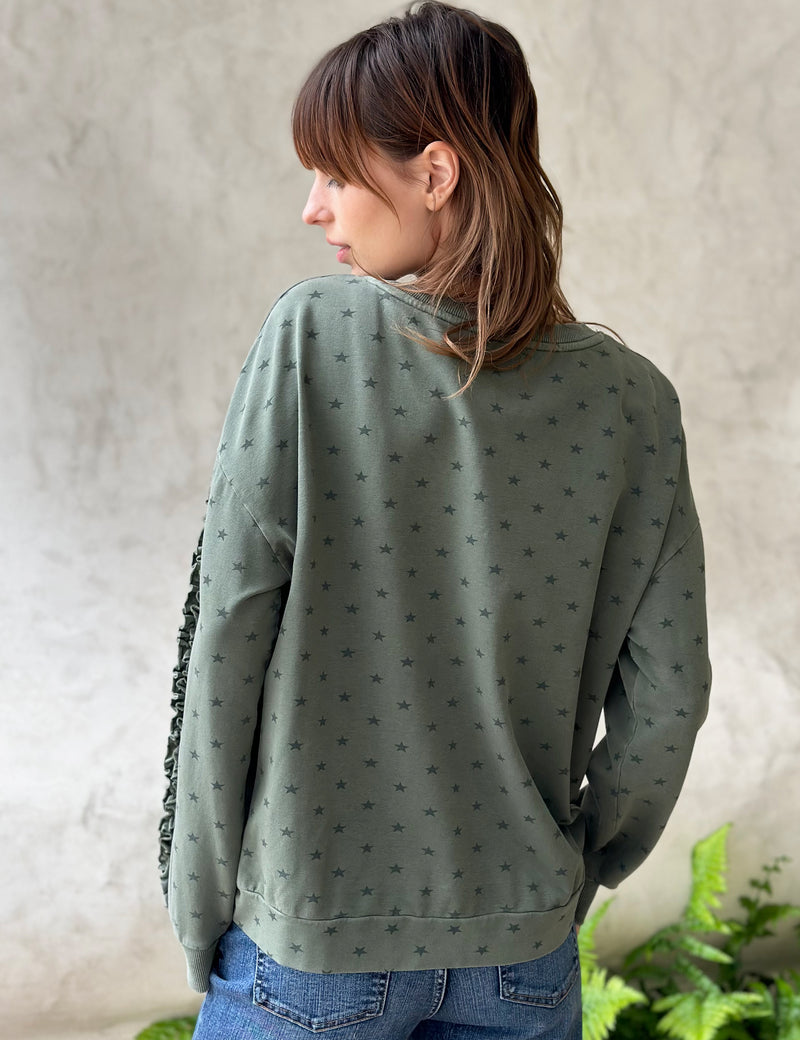 Fave Sweatshirt in Army Green with Star Print and Ruffle Detail on Sleeve Back View