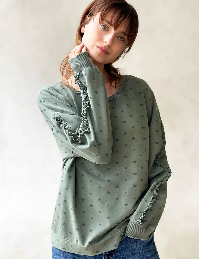 Fave Sweatshirt in Army Green with Star Print and Ruffle Detail on Sleeve Front View