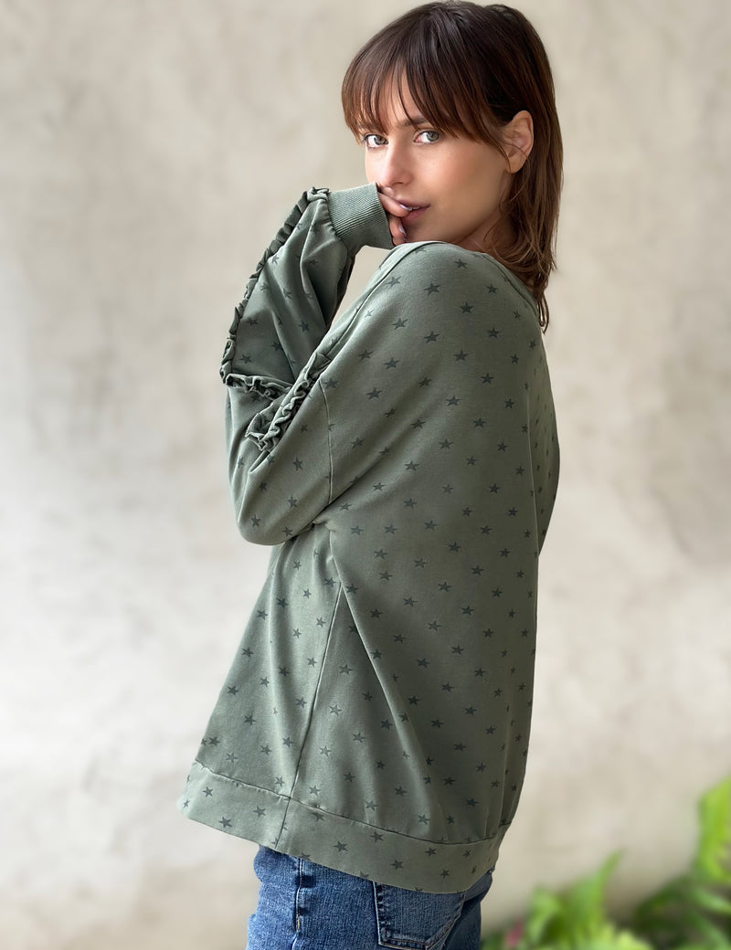 Fave Sweatshirt in Army Green with Star Print and Ruffle Detail on Sleeve Side View