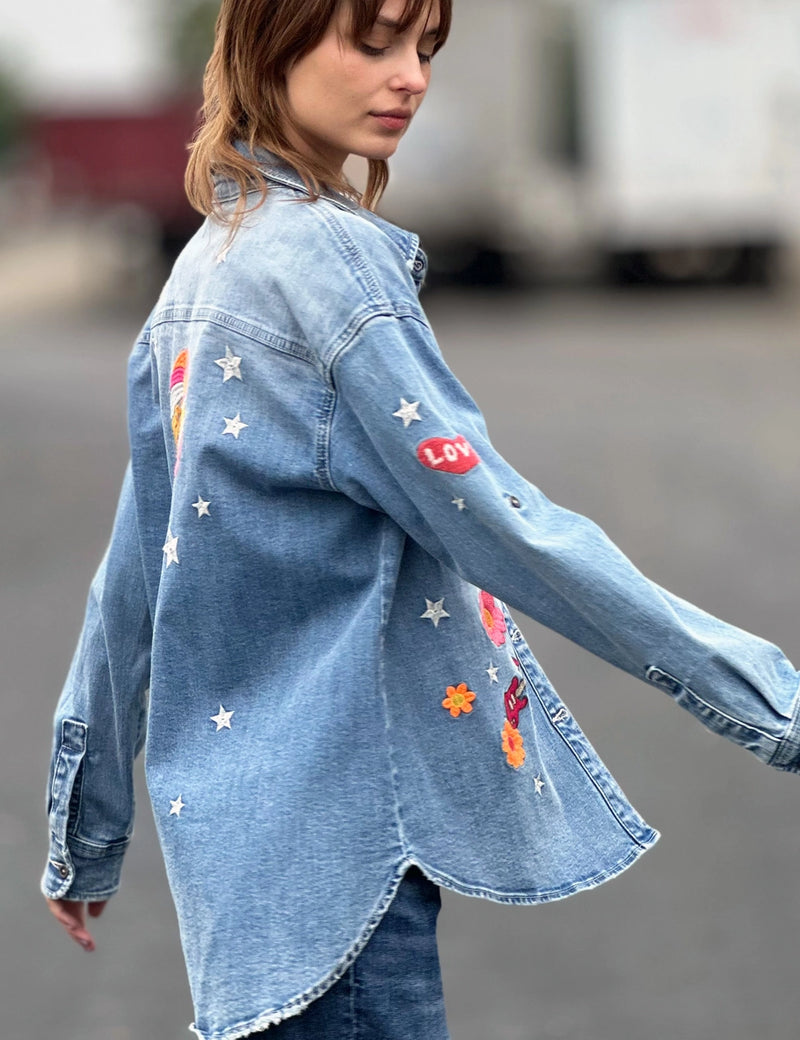 Denim embroidered top discount