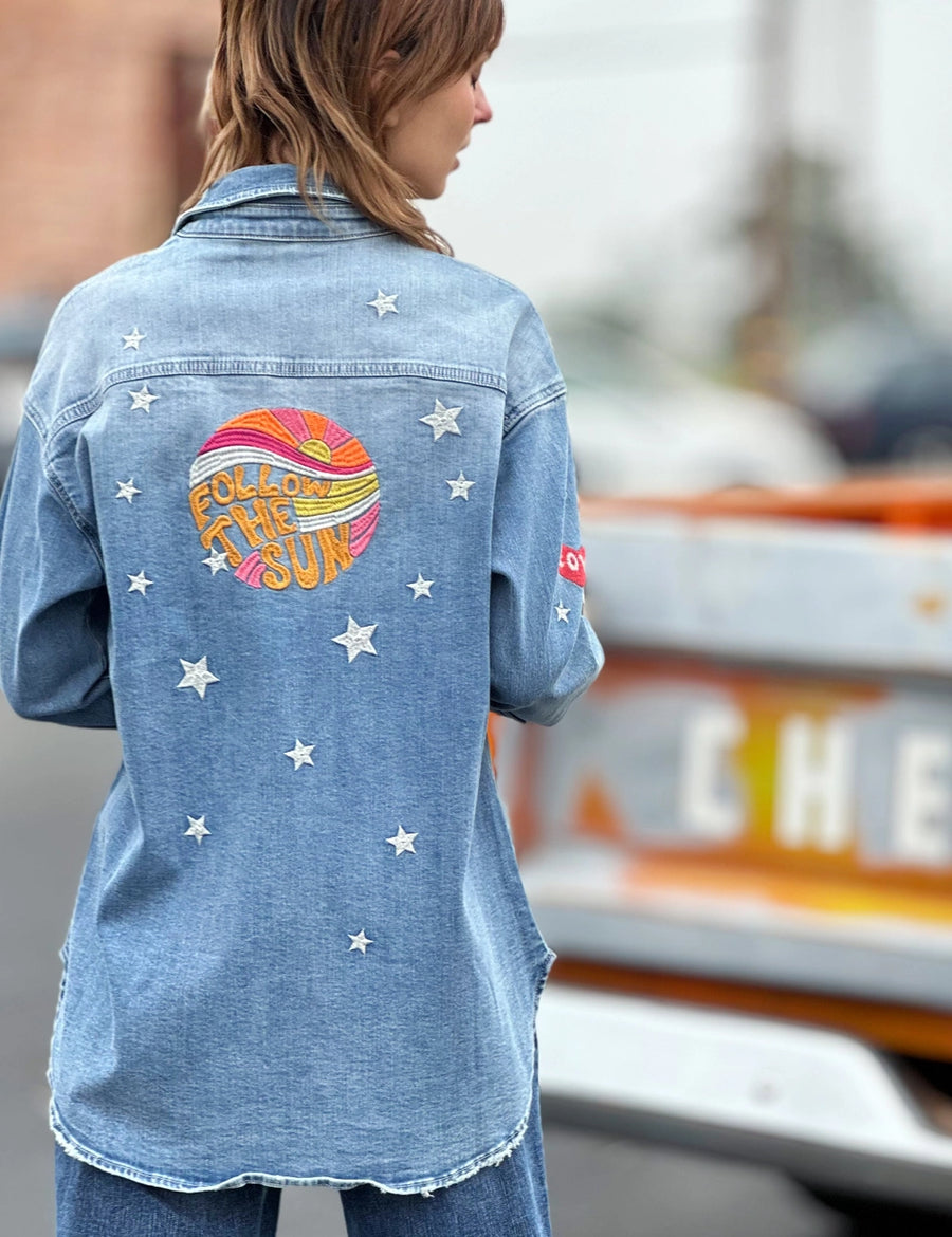 ★【WAI KEI】★Dolphin embroidery denim half sleeve shir.t★ Dolphin embroidery denim half sleeve shirt LIGHTBLUE - waikei