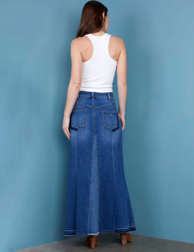 Women's Premium Denim Medium Wash Denim Flare Maxi Skirt Back View