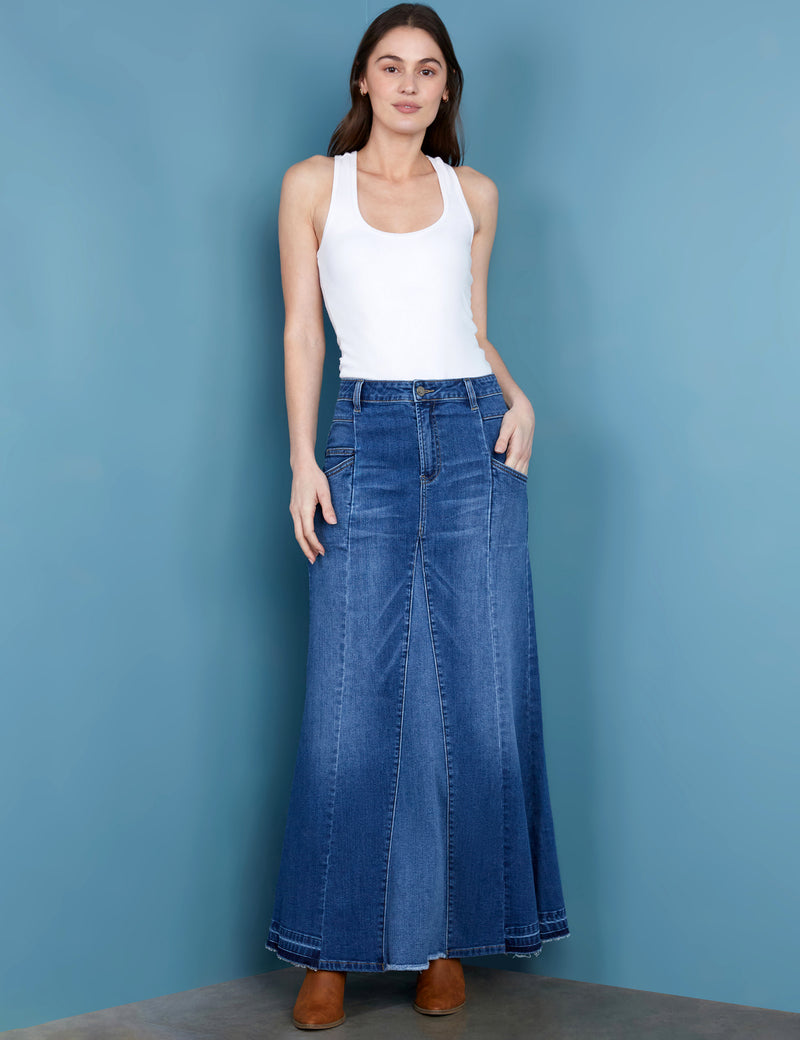 Women's Premium Denim Medium Wash Denim Flare Maxi Skirt Back View