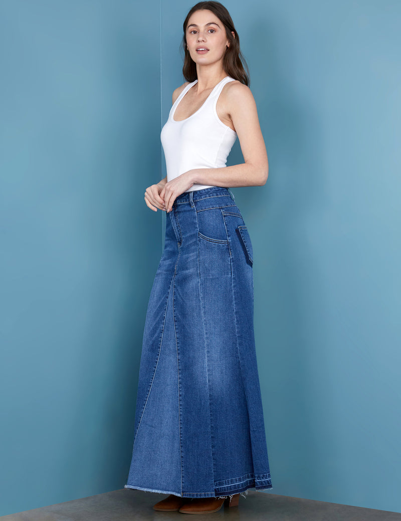 Women's Premium Denim Medium Wash Denim Flare Maxi Skirt Back View