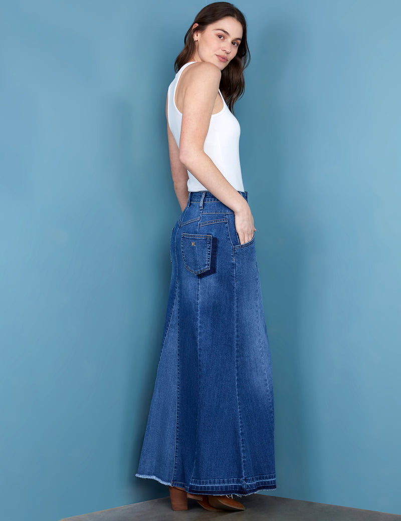 Women's Premium Denim Medium Wash Denim Flare Maxi Skirt Back View