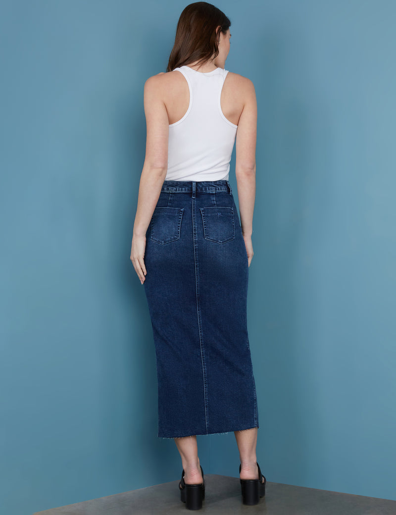 Women's Designer Dark Wash Front Slit Denim Midi Skirt