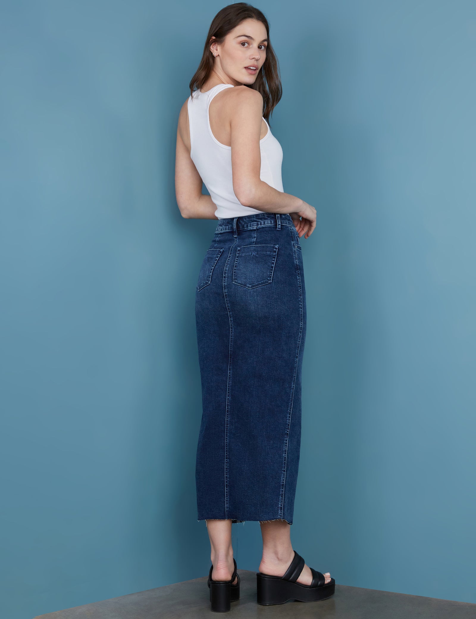 【BAON】Tsute cutting fringe denim midi skirt Denim Midi Skirt with Fringes
