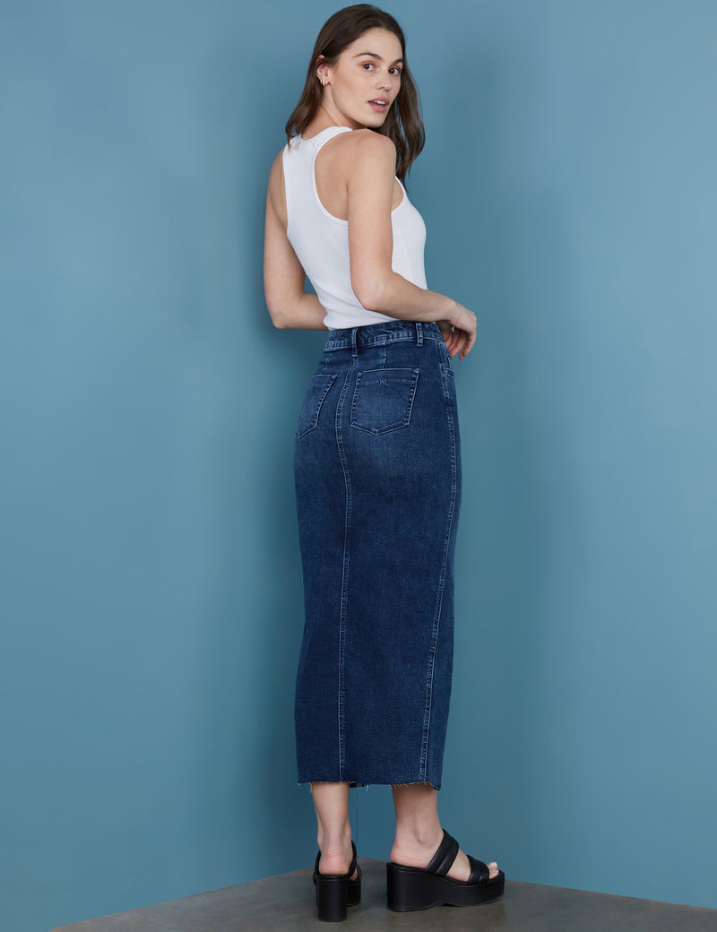 Women's Designer Dark Wash Front Slit Denim Midi Skirt