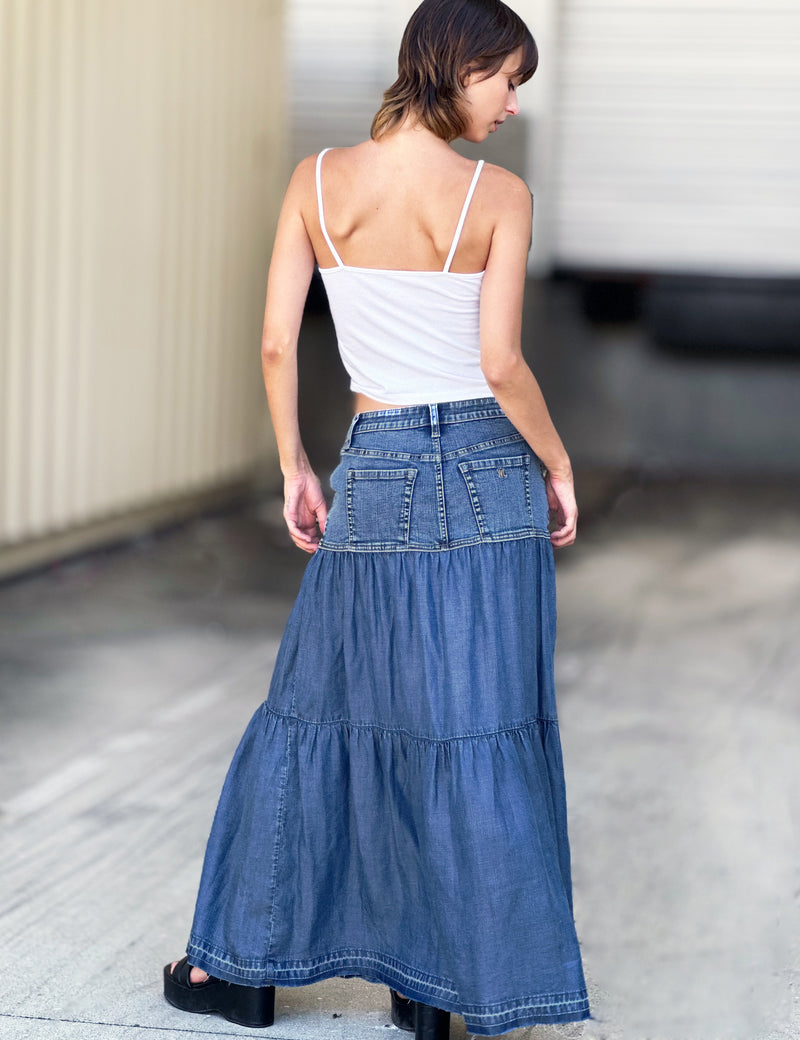 Fun Denim Maxi Skirt in High Denim Back View