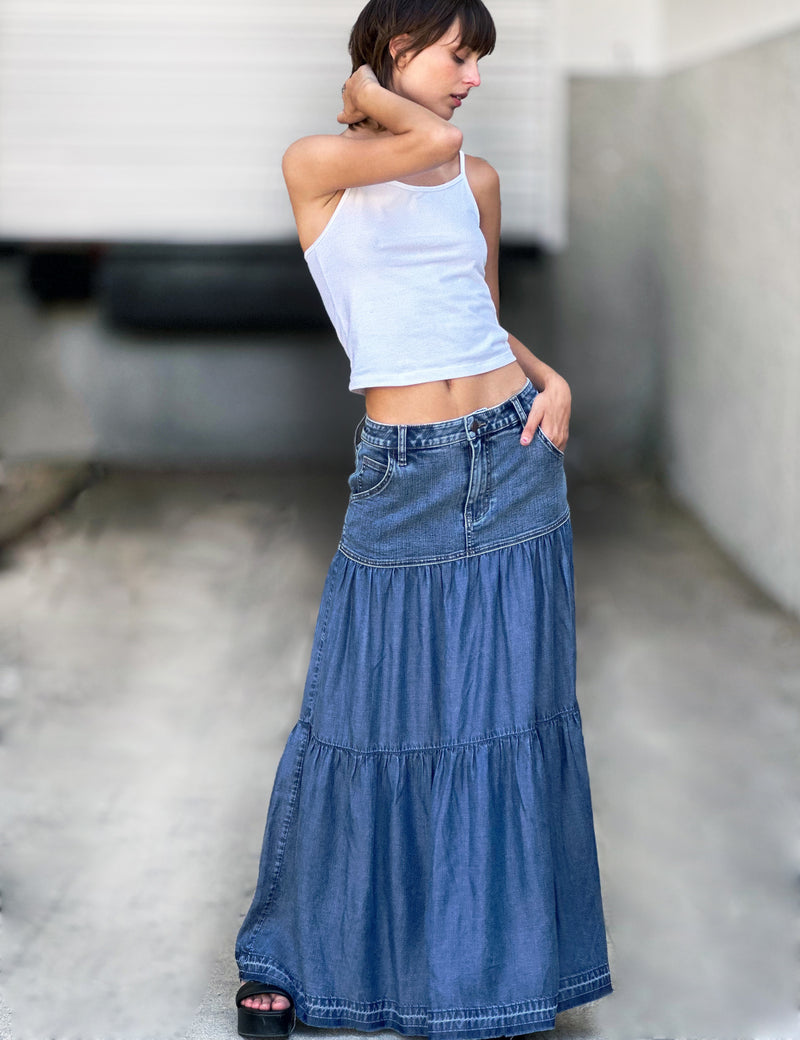 Fun Denim Maxi Skirt in High Denim Front View