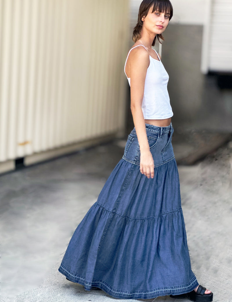 Fun Denim Maxi Skirt in High Denim Side View