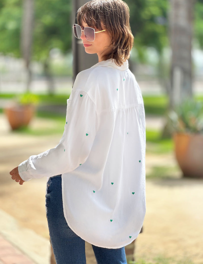 Green Heart Embroidery White Button Up Shirt BackView