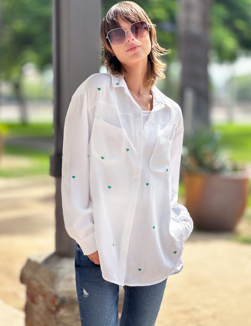 Green Heart Embroidery White Button Up Shirt Front View