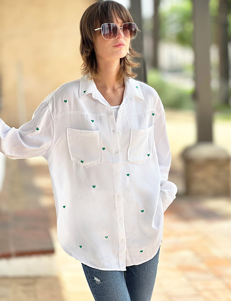 Green Heart Embroidery White Button Up Shirt Front View
