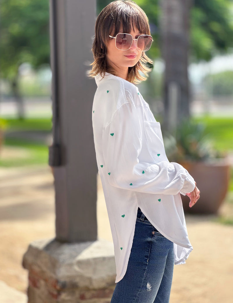 Green Heart Embroidery White Button Up Shirt Side View