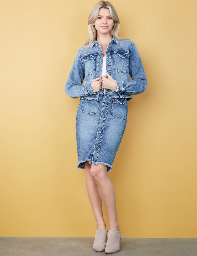 High-End Women's Fashion Brand Mini Button Front Denim Skirt and Denim Jacket Set