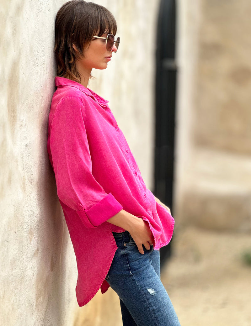 Women's High-End Fashion Brand Hot Pink Shirt with Split Back