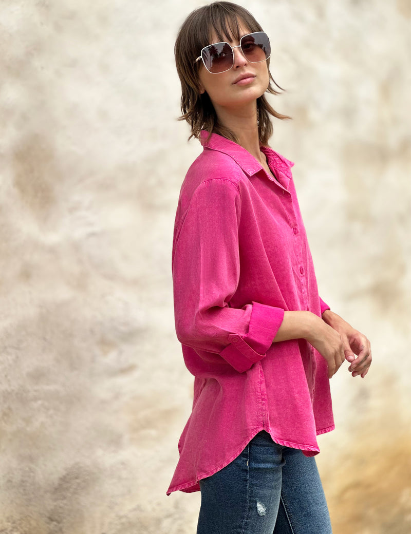 Women's High-End Fashion Brand Hot Pink Shirt with Split Back