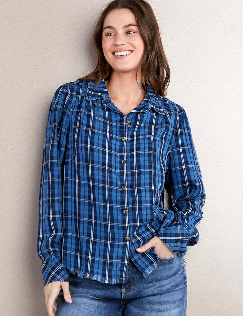 Women's Fashion Brand Blue Paid Pleated Button Down Shirt