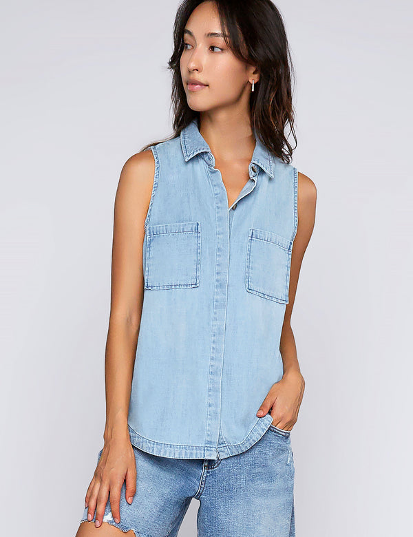 Women's Fashion Brand 2-Pocket Sleeveless Denim Shirt