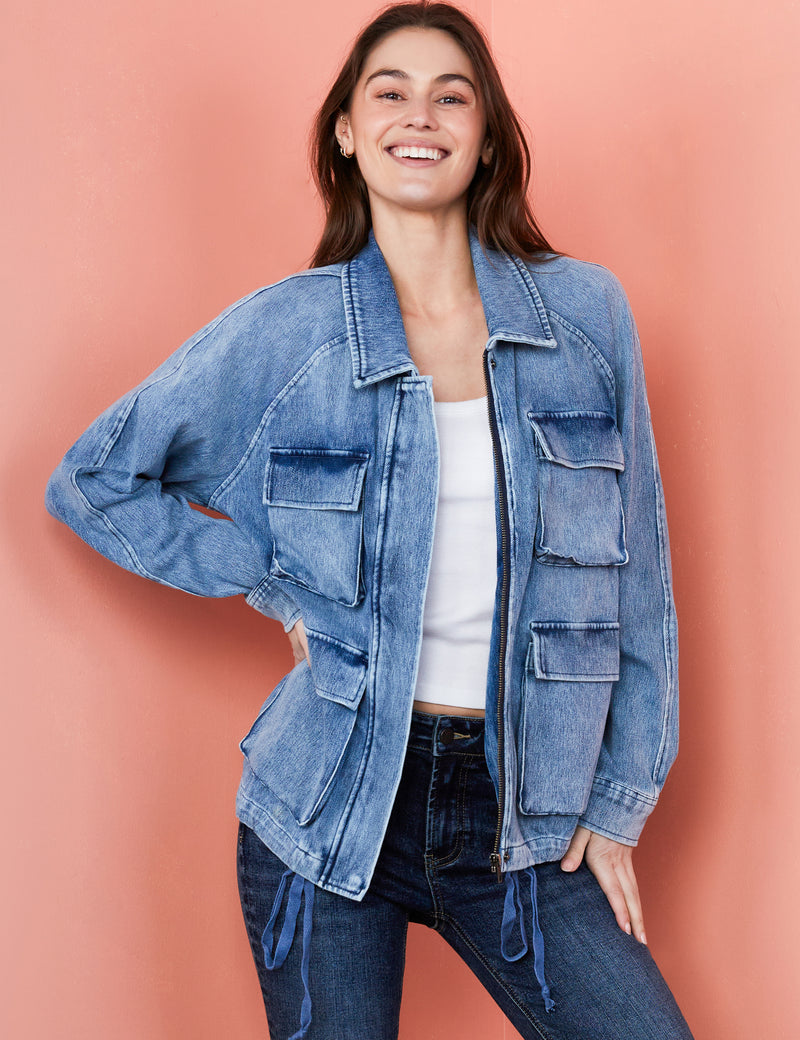 Women's Designer Cargo Pocket Knit Denim Jacket