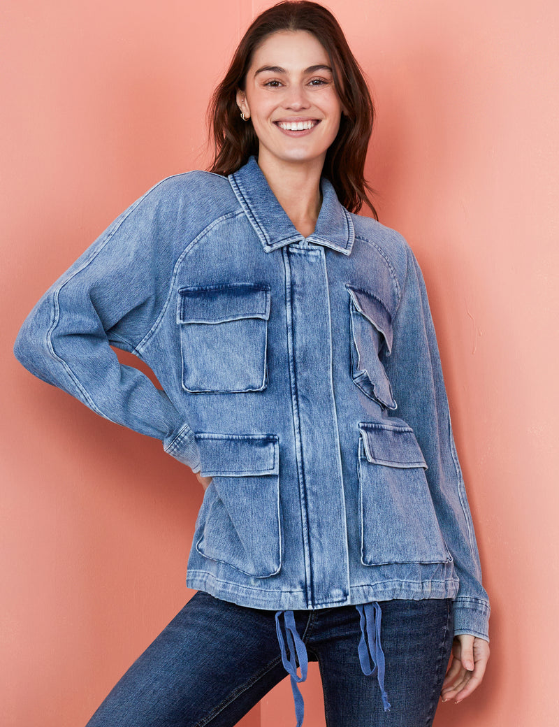 Women's Designer Cargo Pocket Knit Denim Jacket
