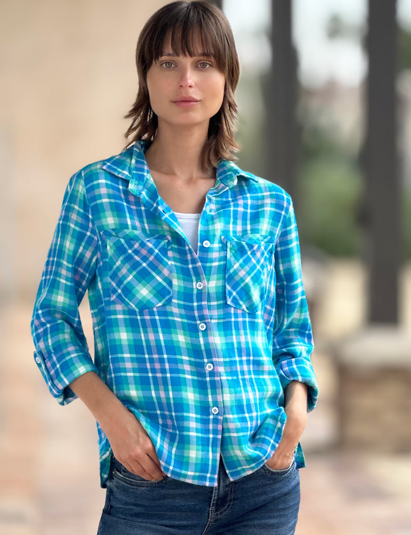 Leisure Plaid Button Up Shirt Front View