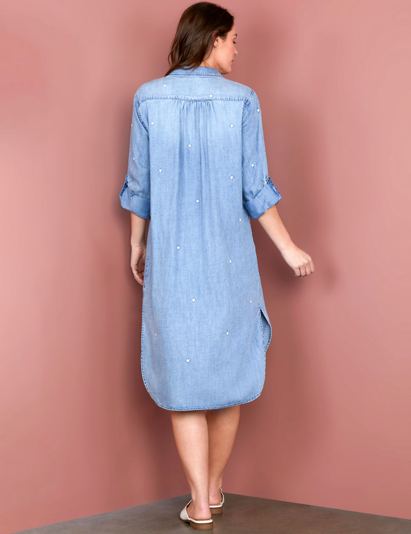 Womens Little Star Embroidered Denim Dress Billy T Denim / XS Womens Little Star Embroidered Denim Dress Billy T Denim / XS