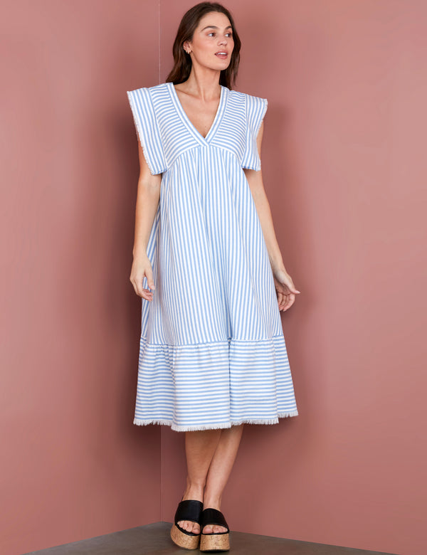 Women's Fashion Brand Blue Stripe V-Neck Dress