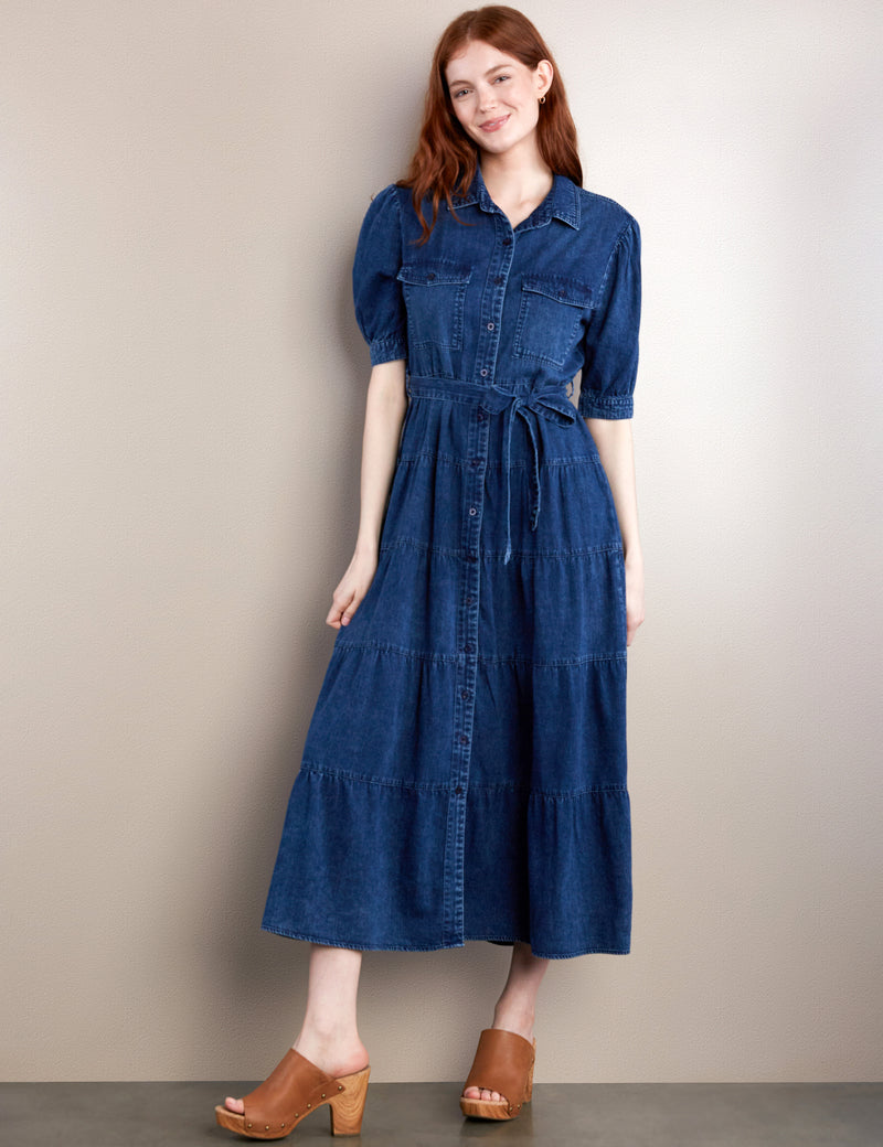 Women's Fashion Brand Self-Tie Tiered Maxi Dress in Denim