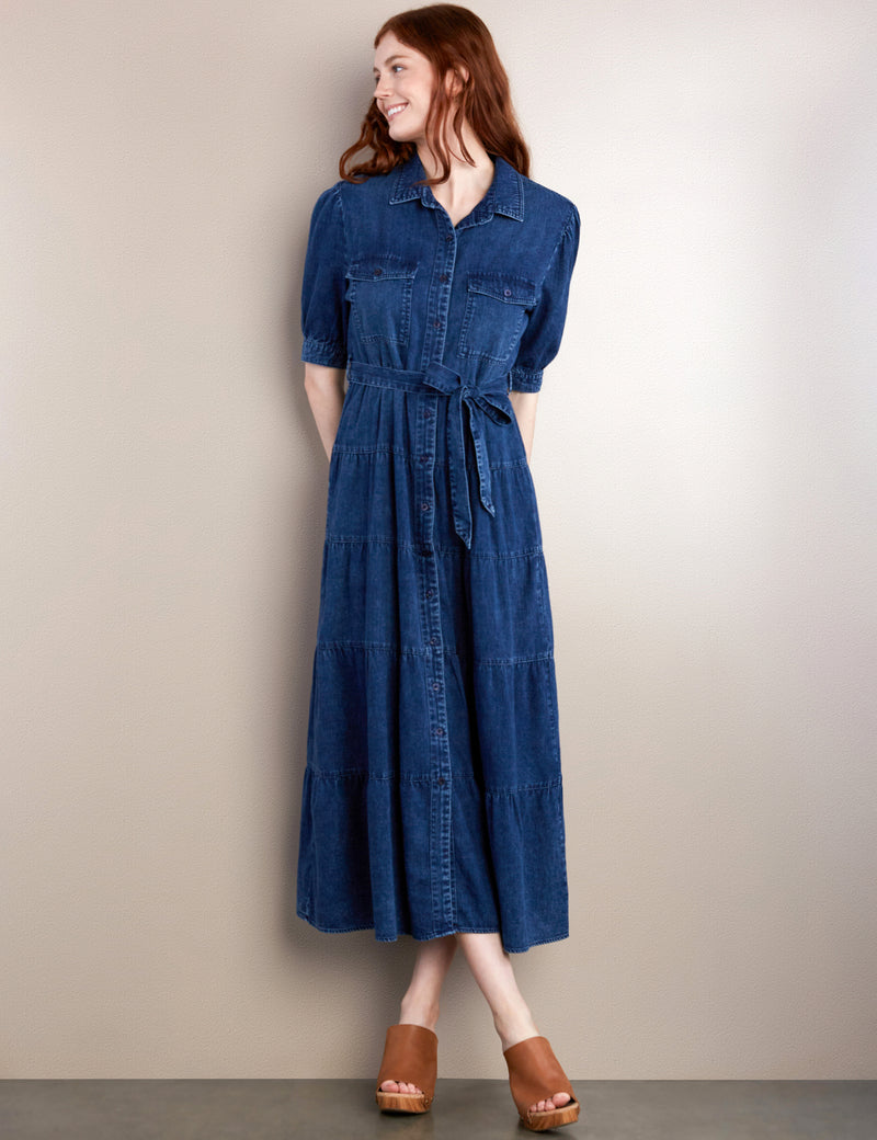 Women's Fashion Brand Self-Tie Tiered Maxi Dress in Denim