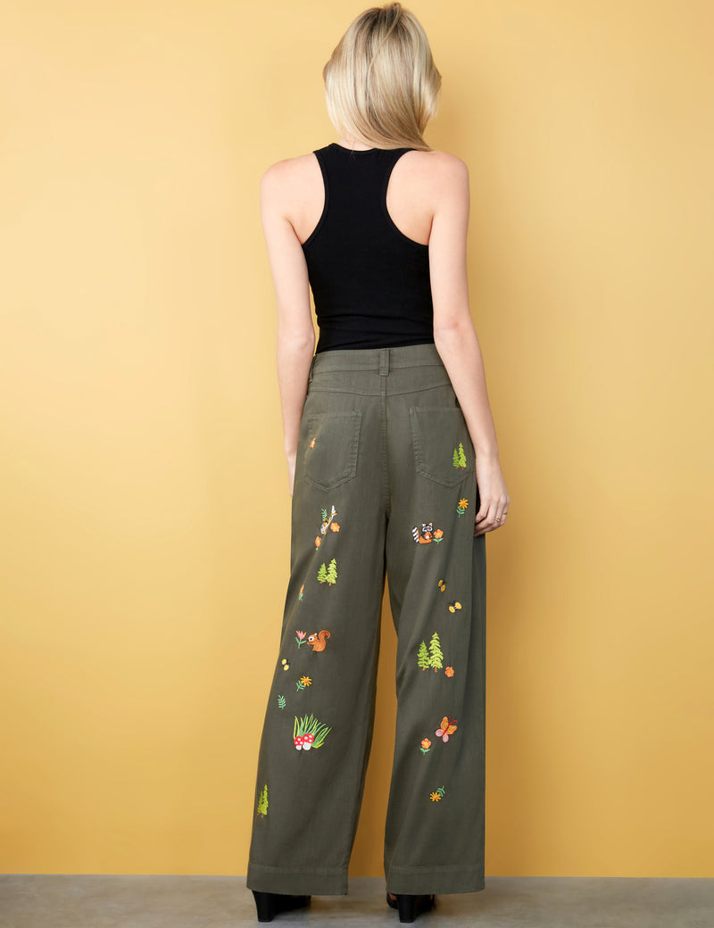 Women's Fashion Brand Koi Fish and Squirrel Embroidered Soft Army Green Pants