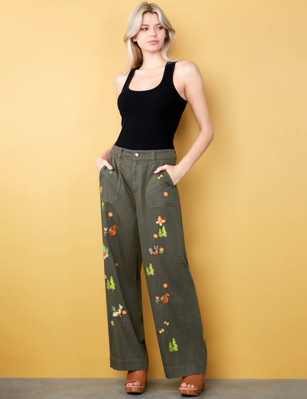 Women's Fashion Brand Koi Fish and Squirrel Embroidered Soft Army Green Pants