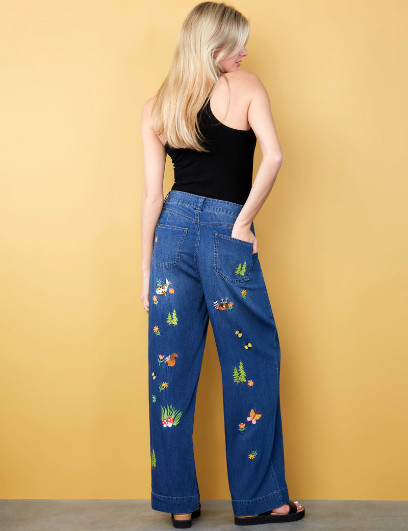 Women's Fashion Brand Koi Fish and Squirrel Embroidered Soft Denim Pants